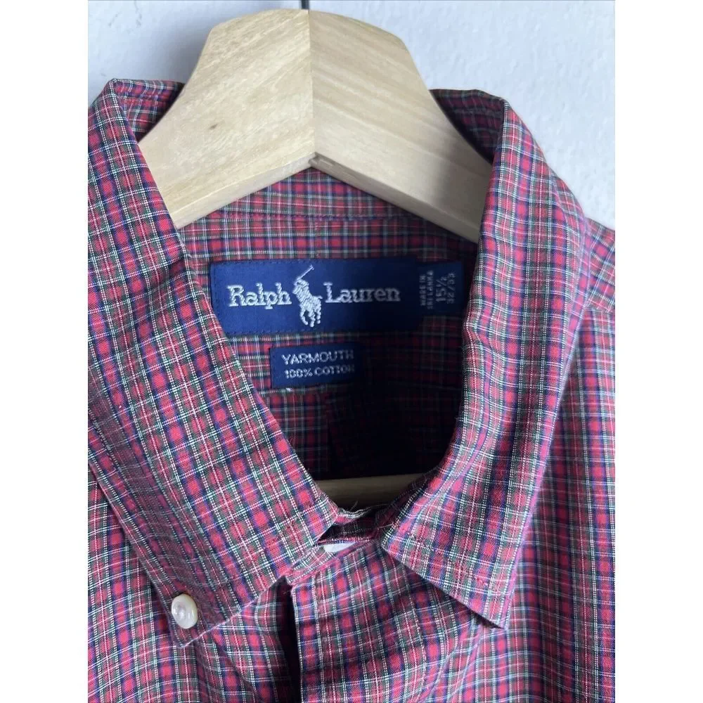 Ralph‎ Lauren Men's 15.5 32/33 Yaramouth Cotton Red Plaid Button Down *Flaw
